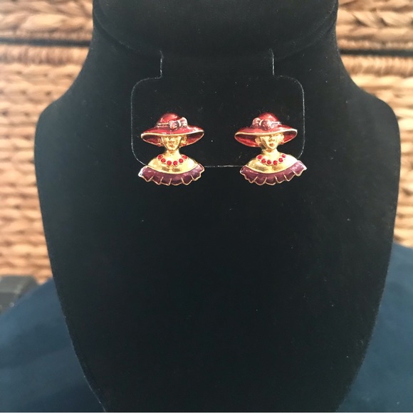 RED HAT SOCIETY-Red Hat Lady Earrings-LIKE NEW-Gold-Tone w/ Purple & Red Enamel - Picture 1 of 3